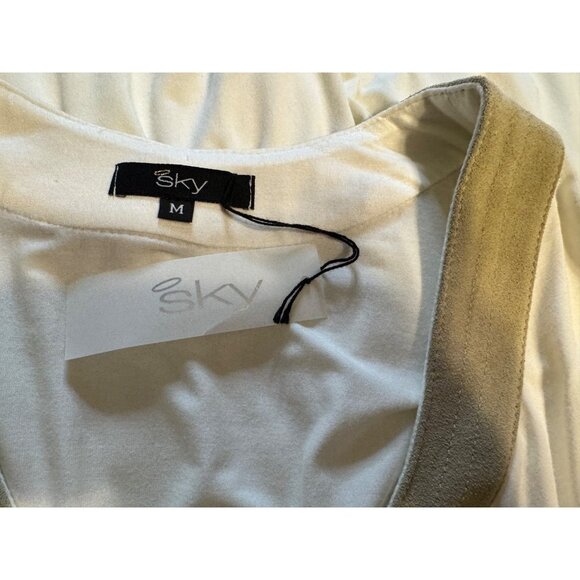 SKY Brand Top M White Tan Suede Trim Stretch Flowy Dolman Grecian Kimomo NEW - Picture 7 of 12